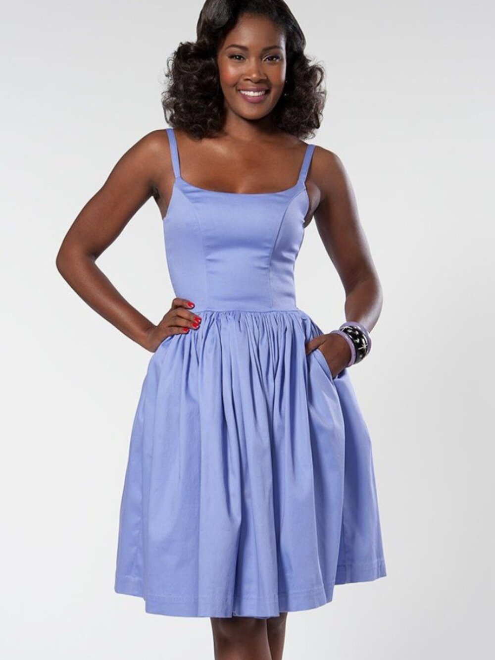 Pinup Couture Lilac Jenny Dress |Corset-type bodice, pockets, Full, Gather Skirt